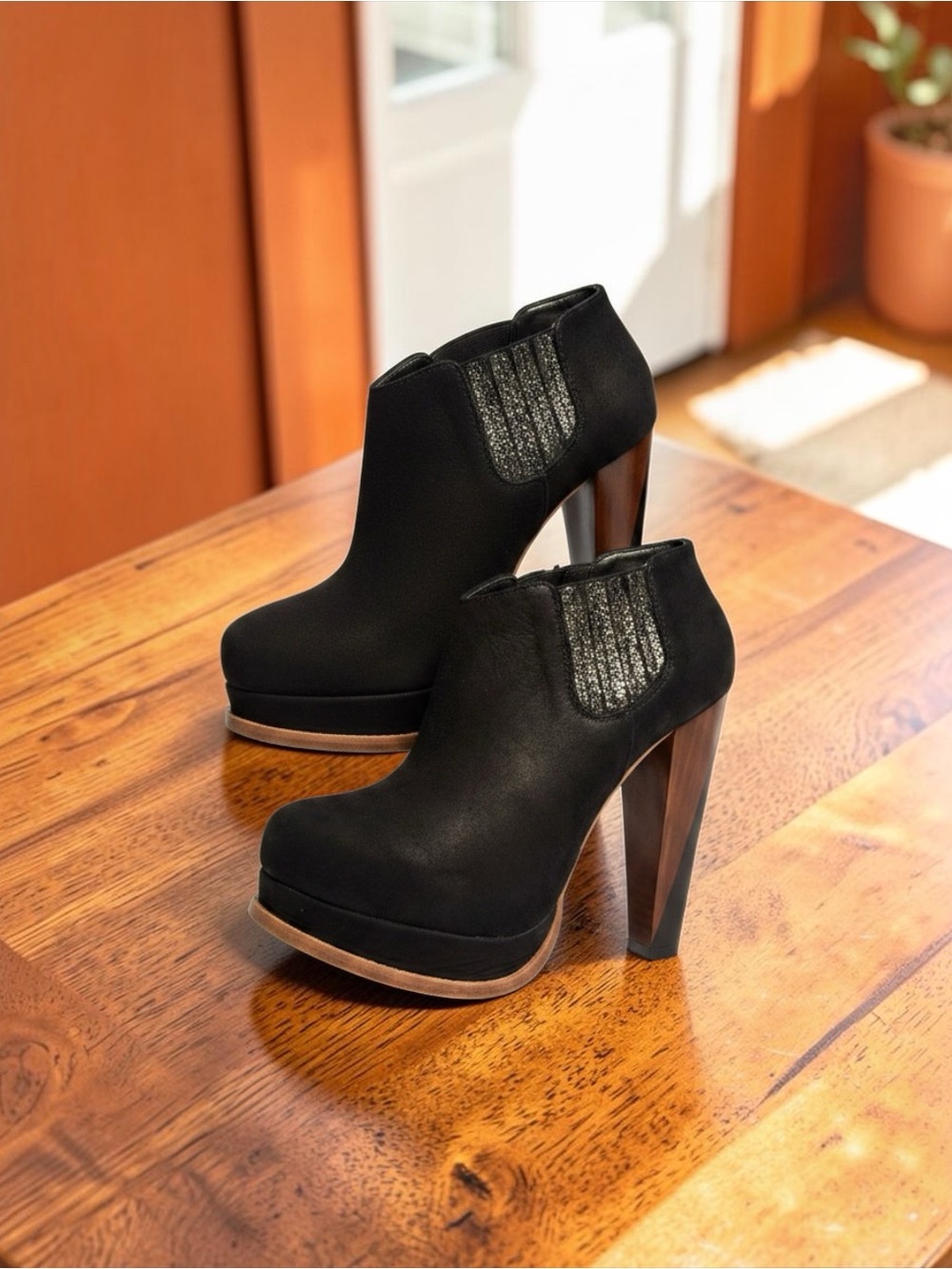 FINSK Black Suede Platform Ankle Boots Wood Heel Gold Detail Size 5.5-6